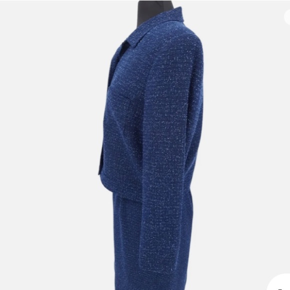 Tweed Bouclé 2 Pc Skirt Blazer Set Professional Suit Blue Gray Black Size 16 - Picture 11 of 16